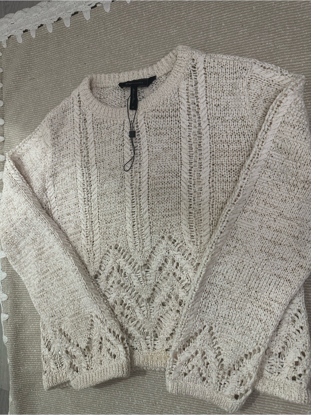 BCBG Wome’s Cream Open-Stitch Crewneck Sweater